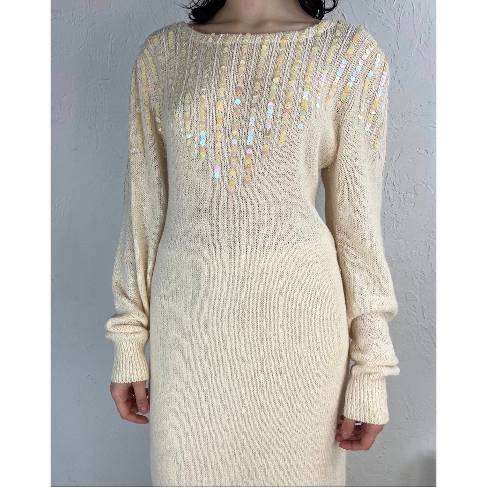 Vintage Raoul Silk Angora Knit Dress Small Cream Midi Sequins Beads Elegant